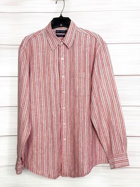 Grant Thomas Linen Button Front Shirt Nantucket Red White Stripe Men's M Summer